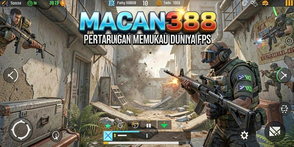 Tampilan menegangkan gameplay <strong>MACAN388</strong> di arena perang FPS.