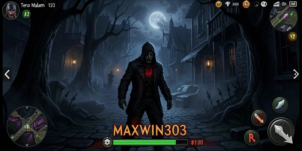 Screenshot gameplay MAXWIN303 menunjukkan momen mencekam di kegelapan.