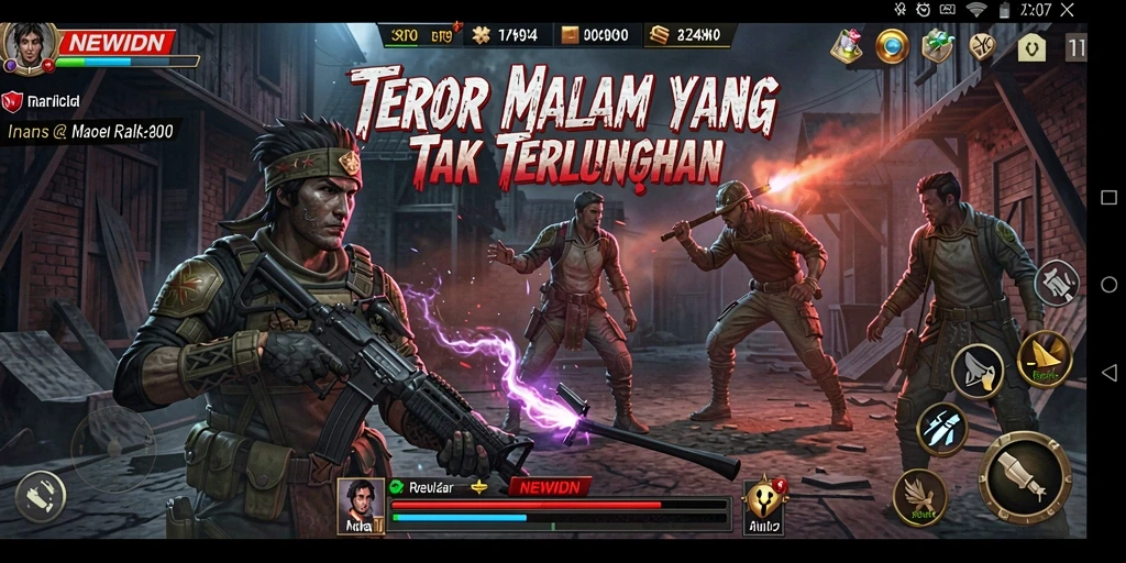 Screenshot gameplay NEWIDN yang menampilkan suasana kelam dan menakutkan.