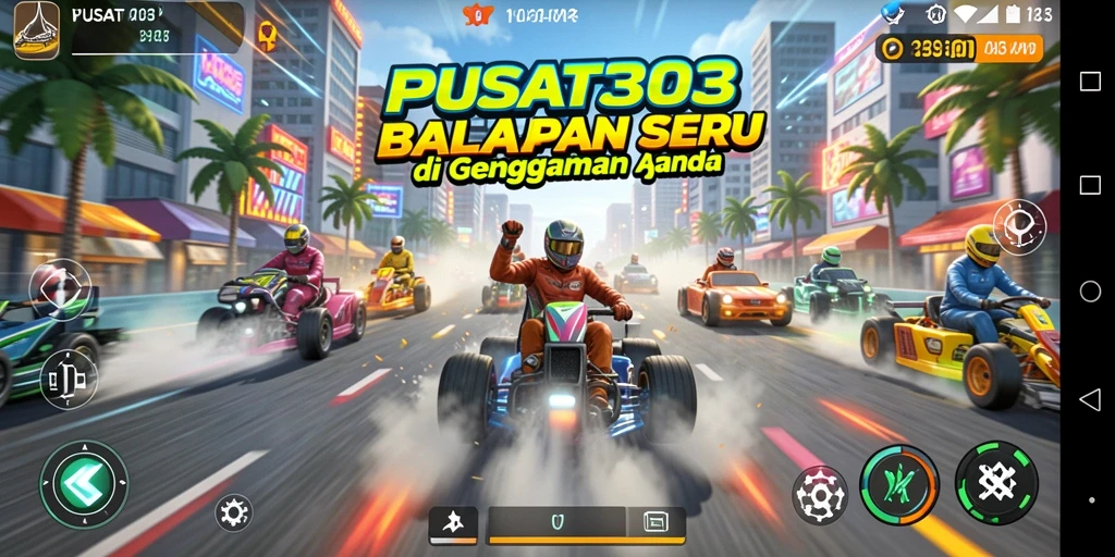 Screenshot menampilkan balapan seru di trek yang menantang.