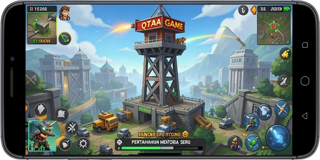 Screenshot gameplay QTGAME menampilkan strategi menara yang menarik.